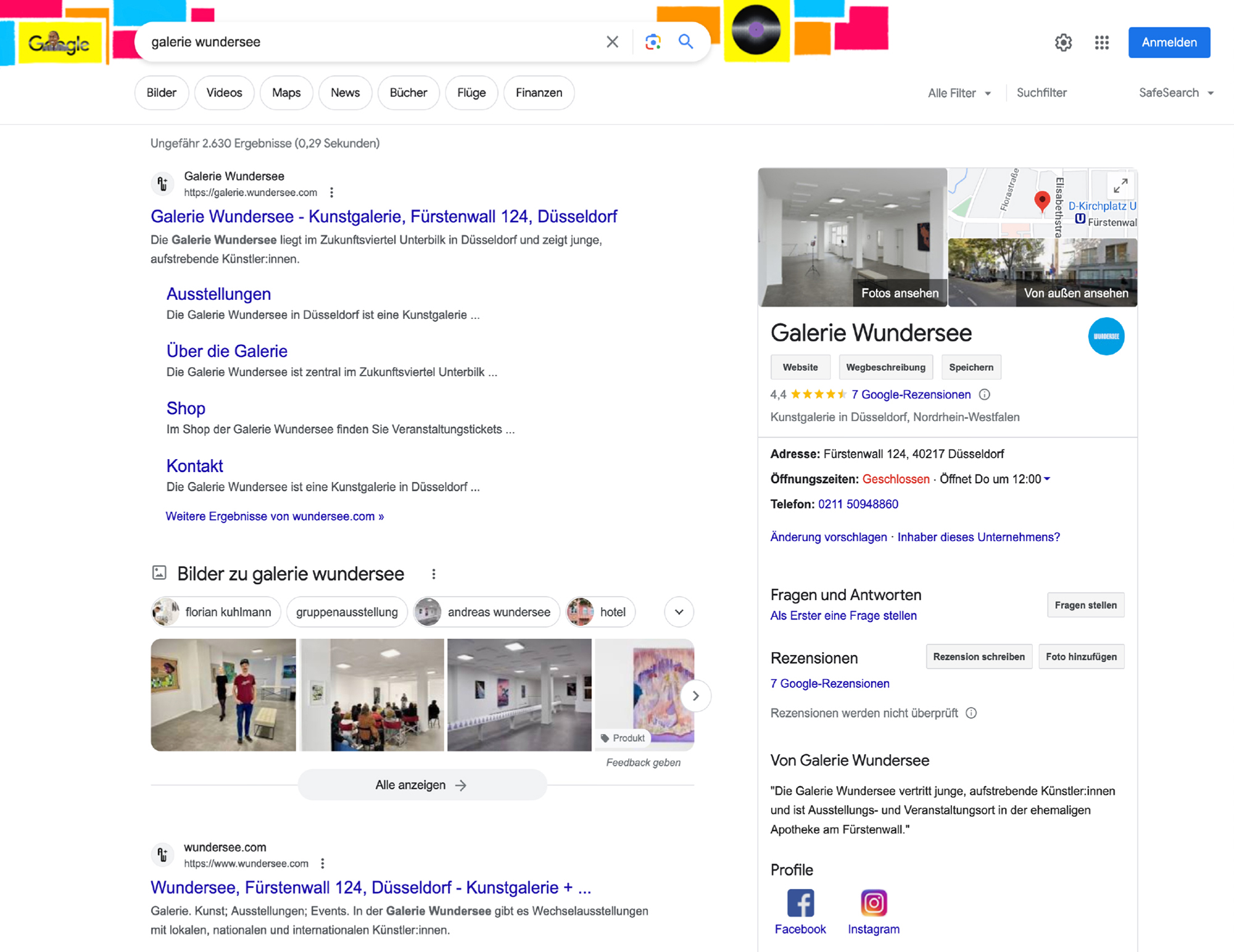 Screenshot der Google-Suchergebnisse für die Galerie Wundersee nach der Suchmaschinenoptimierung