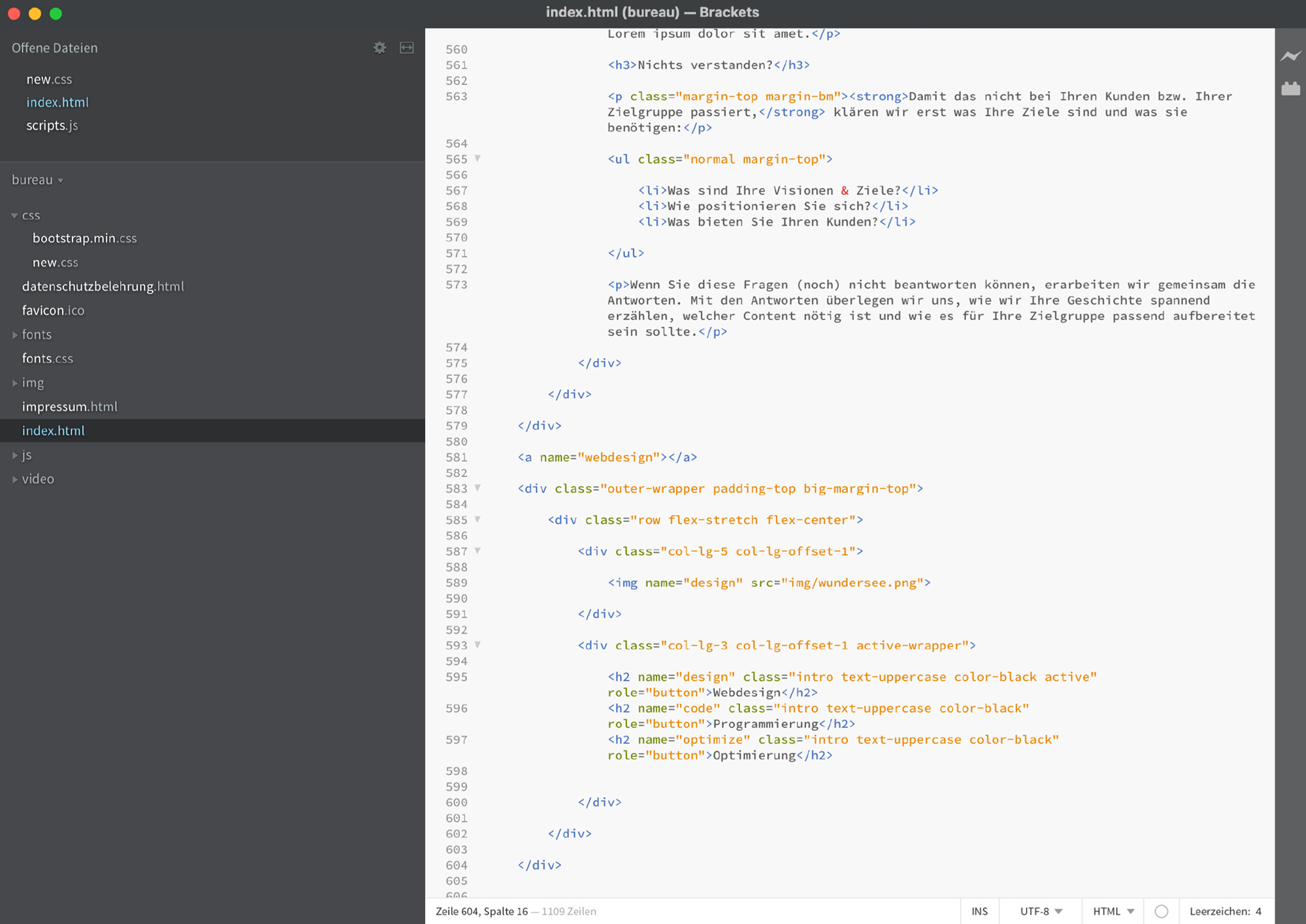 Screenshot vom Codeeditor mit der Programmierung für bureau.wundersee.com