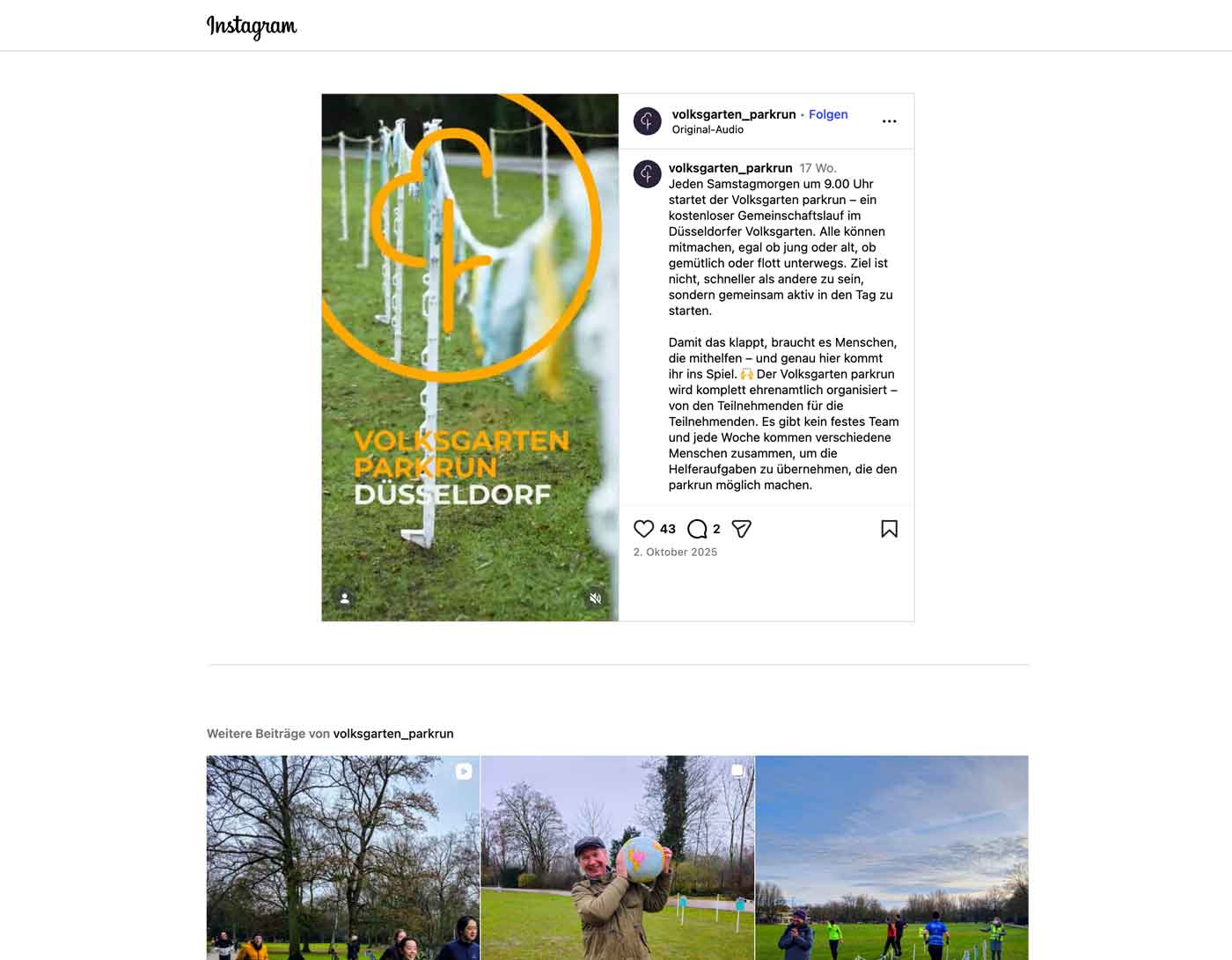 Screenshot des Instagram-Accounts vom Parkrun Volksgarten Düsseldorf